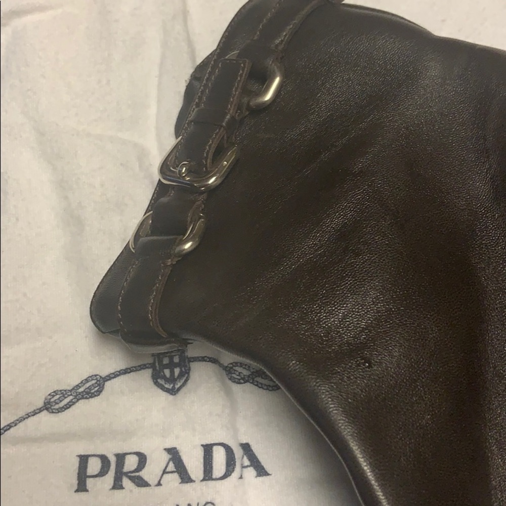 NWOT Prada Logo Brwn W Slvr Kitten Heel Lthr Boots - Picture 2 of 8